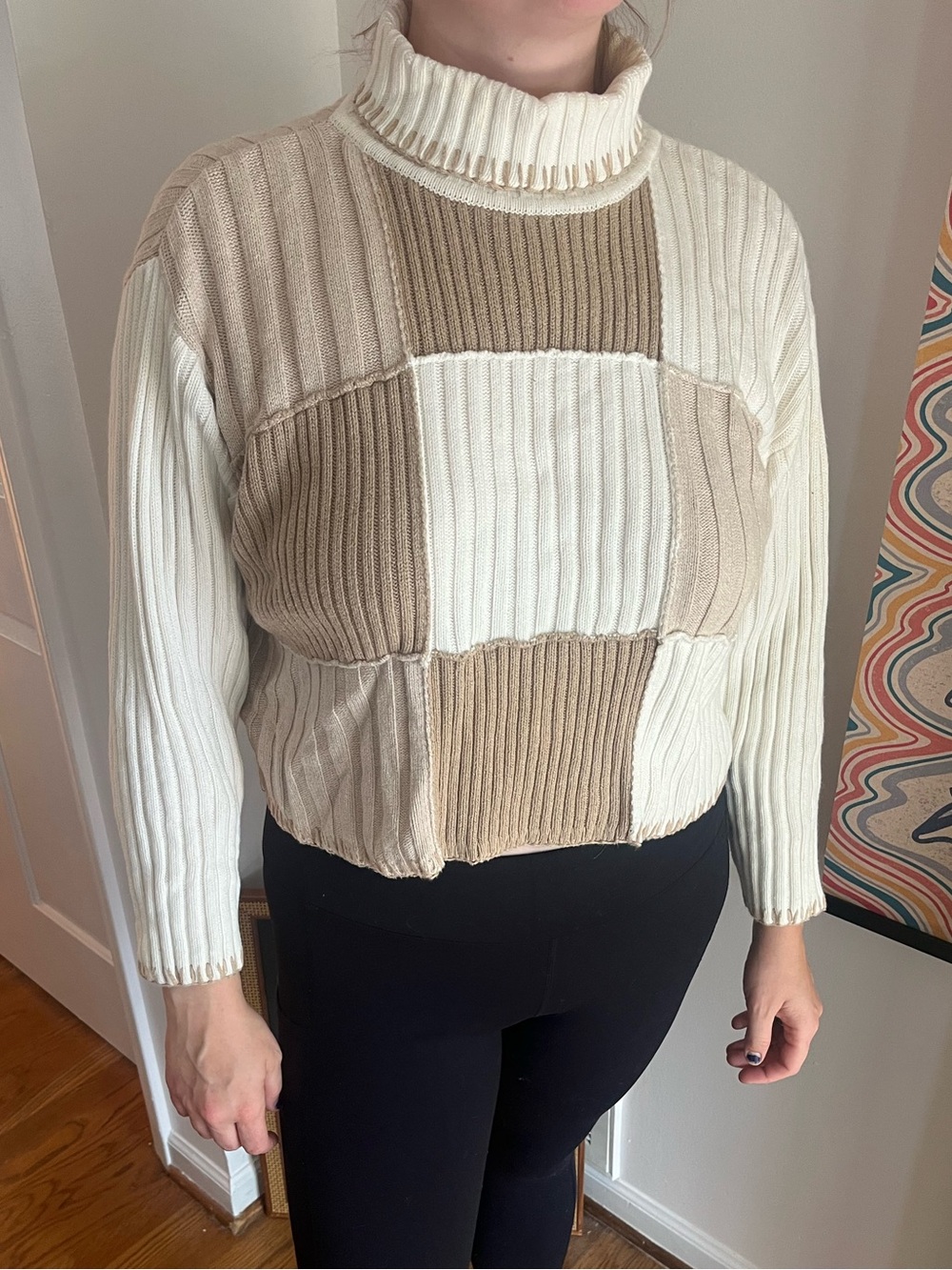 Liz Claiborne Cream and Tan Patchwork Ribbed Turtleneck Sweater